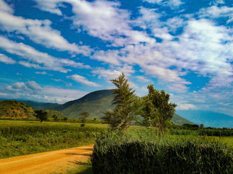 A panoramic view of Uganda’s rural landscape with a winding dirt path, green fields, and distant mountains under a partly cloudy sky.