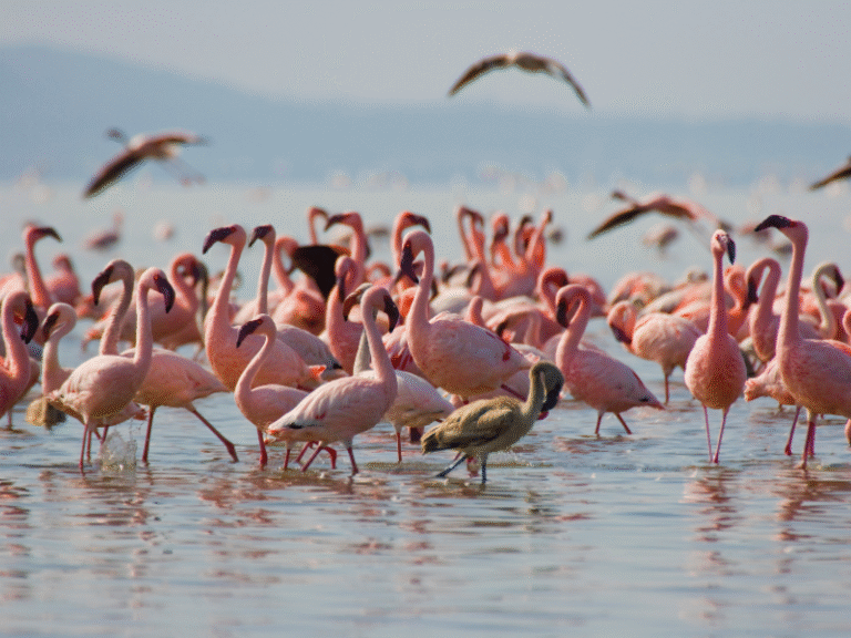 A vibrant flock of pink flamingos wading through the shallow waters of Lake Nakuru, a birding highlight on Kenya safaris.