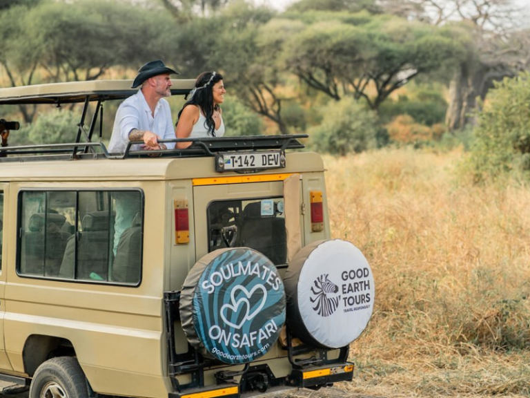 Newlywed couple riding in a safari vehicle with 'Soulmates on Safari' branding during their adventure.