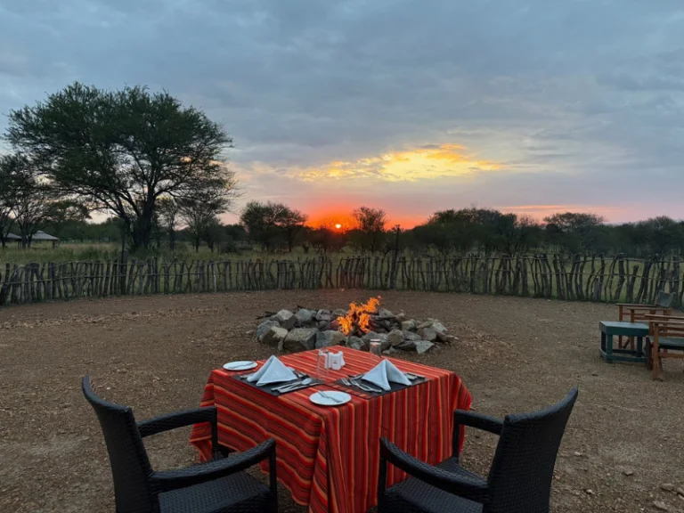 Outdoor dining table set with a red striped cloth beside a crackling fire pit, overlooking a peaceful sunset on the savannah.