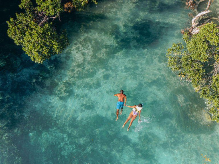 A couple floating hand in hand in clear turquoise water surrounded by mangroves, captured from above.