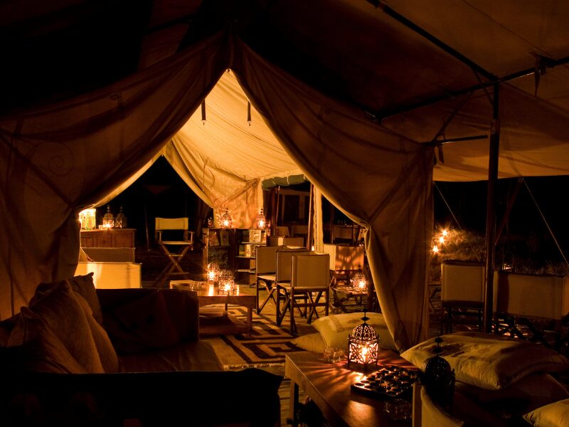 Luxury safari tent at night