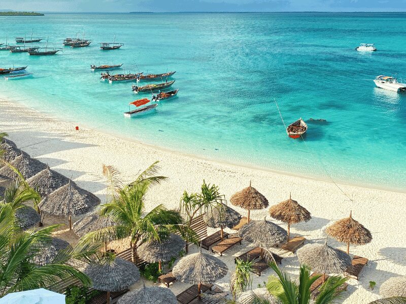 Why a Safari for Couples is the Ultimate Romantic Escape 3 When to visit zanzibar - Aerial view of the beach cabanas and ocean