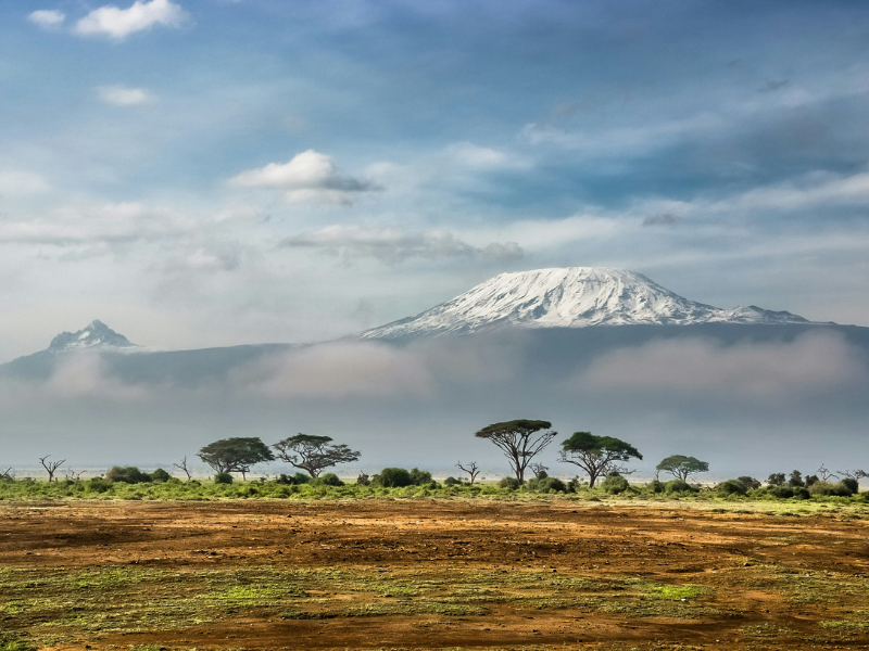 Panoramic view of Mount Kilimanjaro with its snow-covered peak, seen from the dry plains of Amboseli National Park in Kenya.