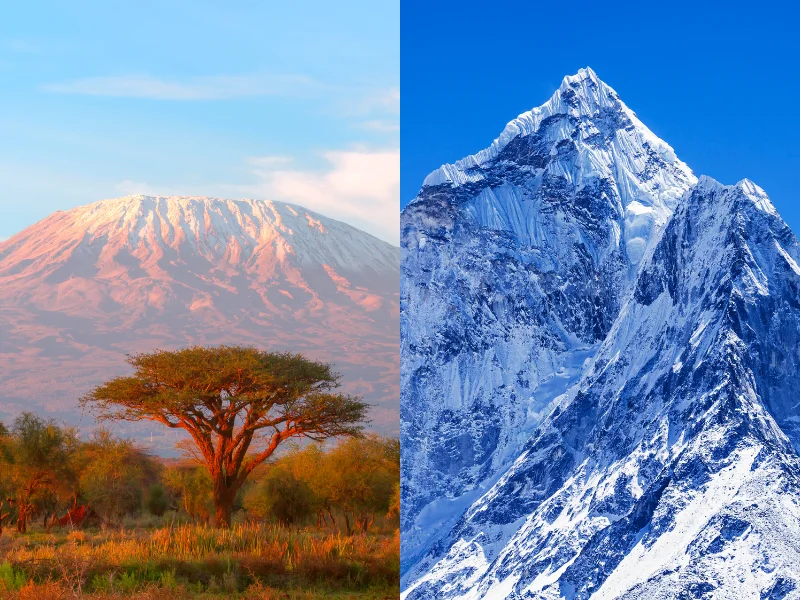 Kilimanjaro vs Everest Base Camp: Which Trek Should You Choose? 1 Side-by-side image showing Mount Kilimanjaro rising above the African plains on the left and a towering icy Himalayan summit on the right, perfect for comparing kilimanjaro vs everest base camp.