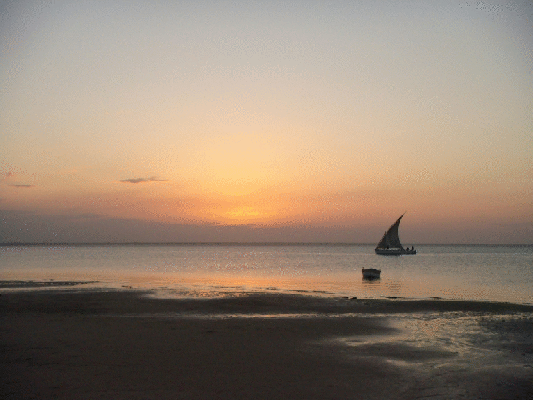 Turquoise waters and white sandbanks of the Bazaruto Archipelago in Mozambique, known for coral reefs and tropical marine life.