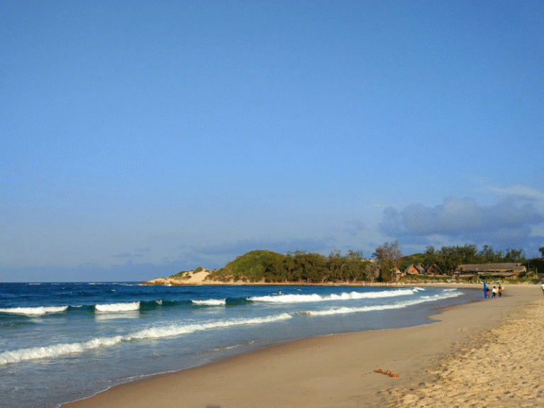 Golden sand and rolling waves along Tofo Beach in Mozambique, a popular spot for surfing, diving, and swimming with whale sharks.