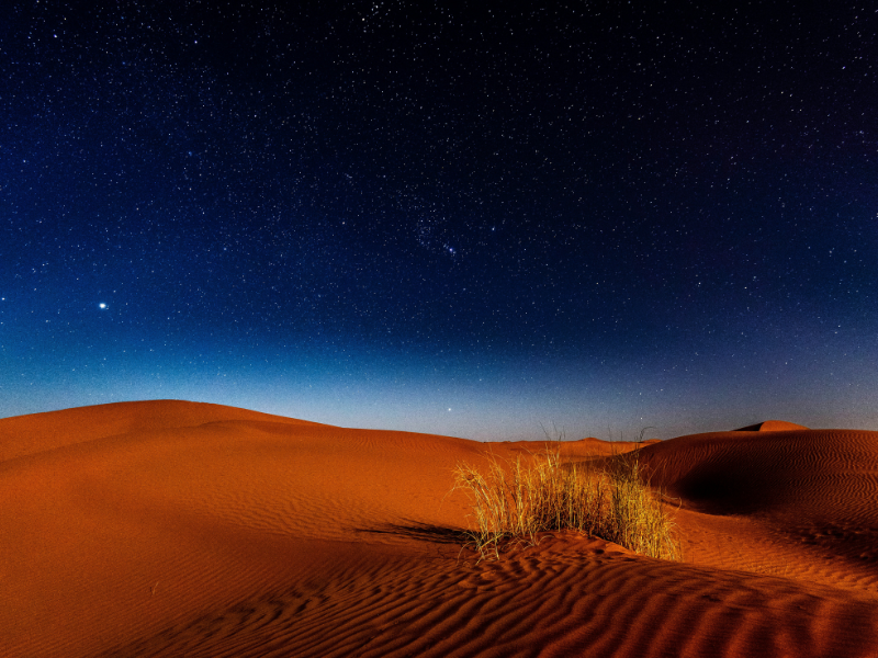 Starry night sky over the red dunes of the Namib Desert in Namibia, one of the best stargazing locations in Africa.