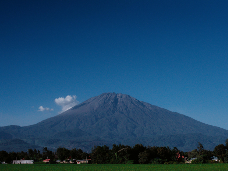 Mt Meru rising above the landscape with a clear blue sky and green fields in the foreground.