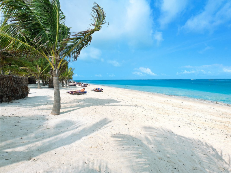 Aerial photo of Watamu coastline with clear blue water, reefs and white sandy beach.