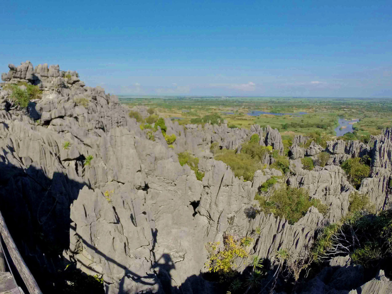 Limestone tsingy formations overlooking a green valley in Ankarana Special Reserve.