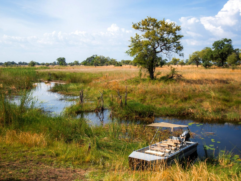 A small safari boat resting beside a grassy river channel in Namibia’s Bwabwata region.