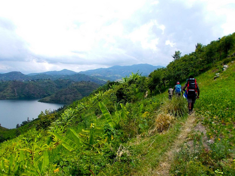 Hikers walking along a green hillside trail overlooking Lake Kivu and surrounding mountains on the Congo Nile Trail.