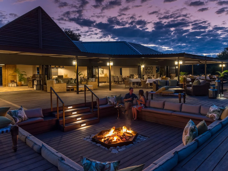Old Drift Lodge deck overlooking the Zambezi River near Victoria Falls.