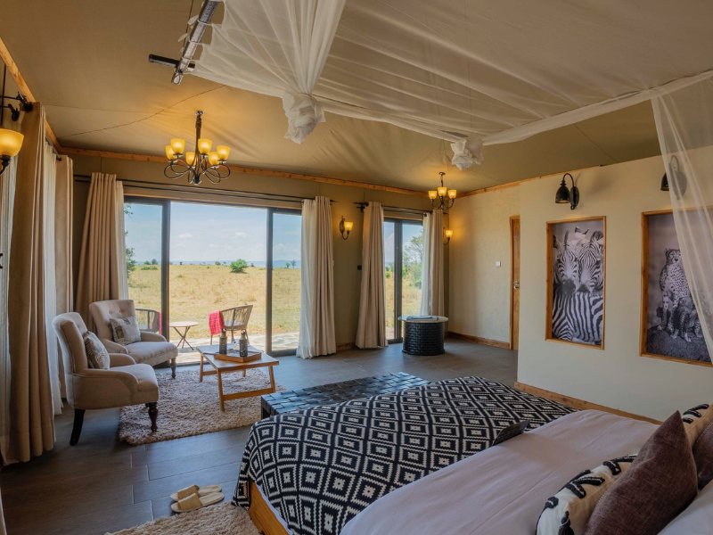 Luxury safari lodge room overlooking the savannah when learning how to plan an African safari.