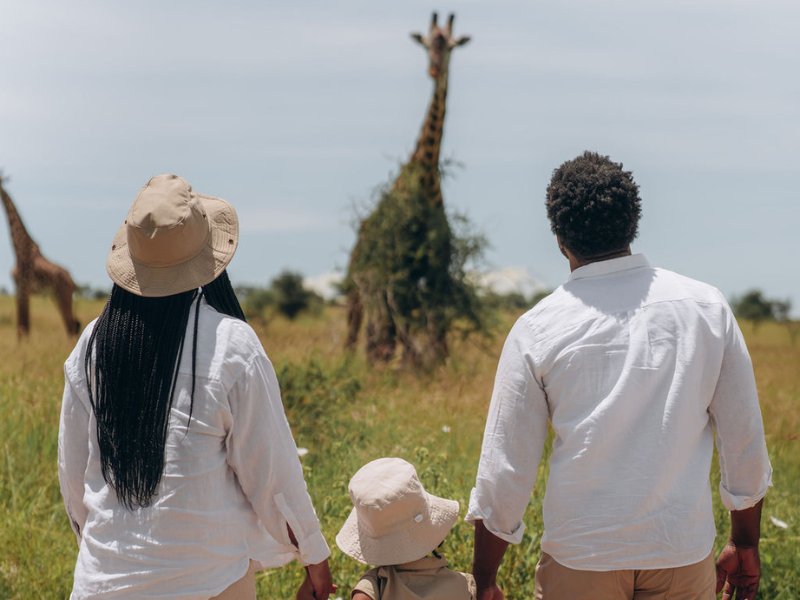 Parents and child walking together on safari while watching giraffes in the distance, capturing a family-friendly safari experience in Africa.