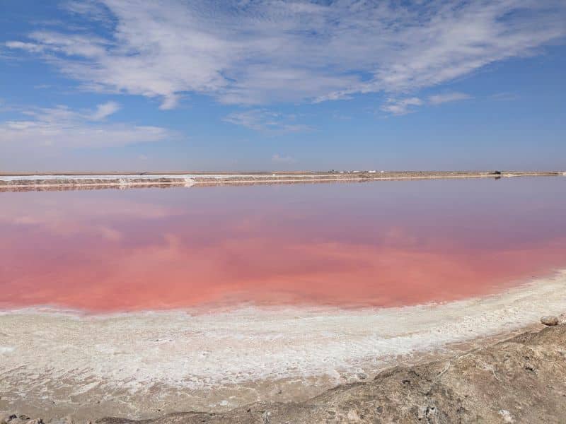 Best Places to Visit in Namibia: A First-Hand Guide 3 Pink salt pans near Walvis Bay reflecting clouds and blue sky, Namibia