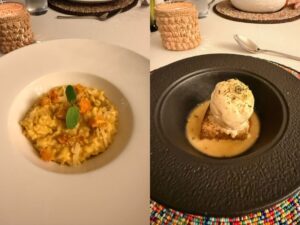 A side by side edit fo dinner at Lemala Osonjoi. Butternut squash risotto on the left, and malva pudding on the right for dessert