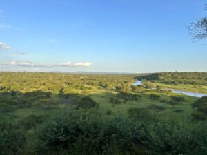 The view from Tarangire Safari Lodge at sundown with the river and greenery on the horizon