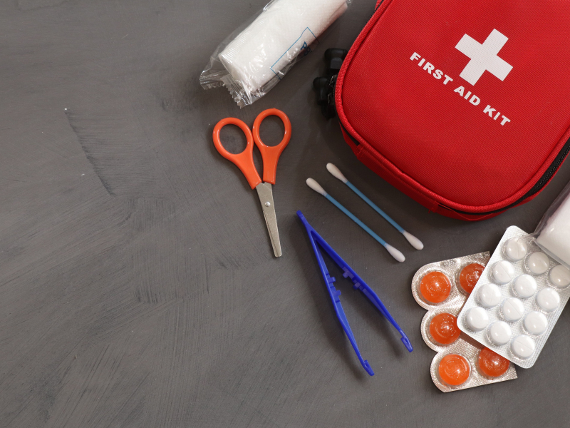 Safari first aid kit with essential medical supplies for emergencies during an African adventure